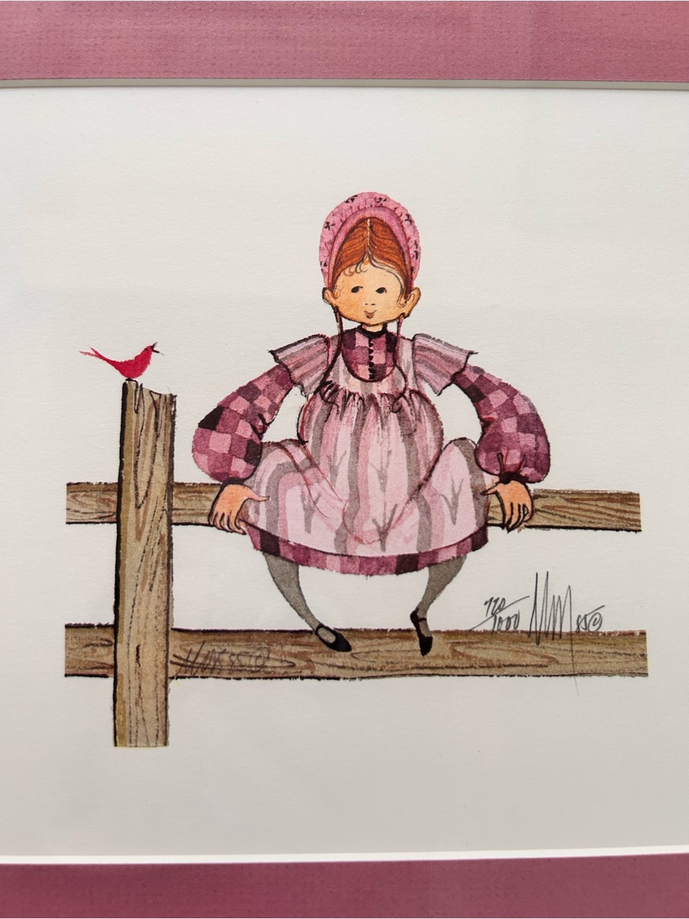 Signed Framed Limited Edition Folk Art “Pat”Girl Print 1985